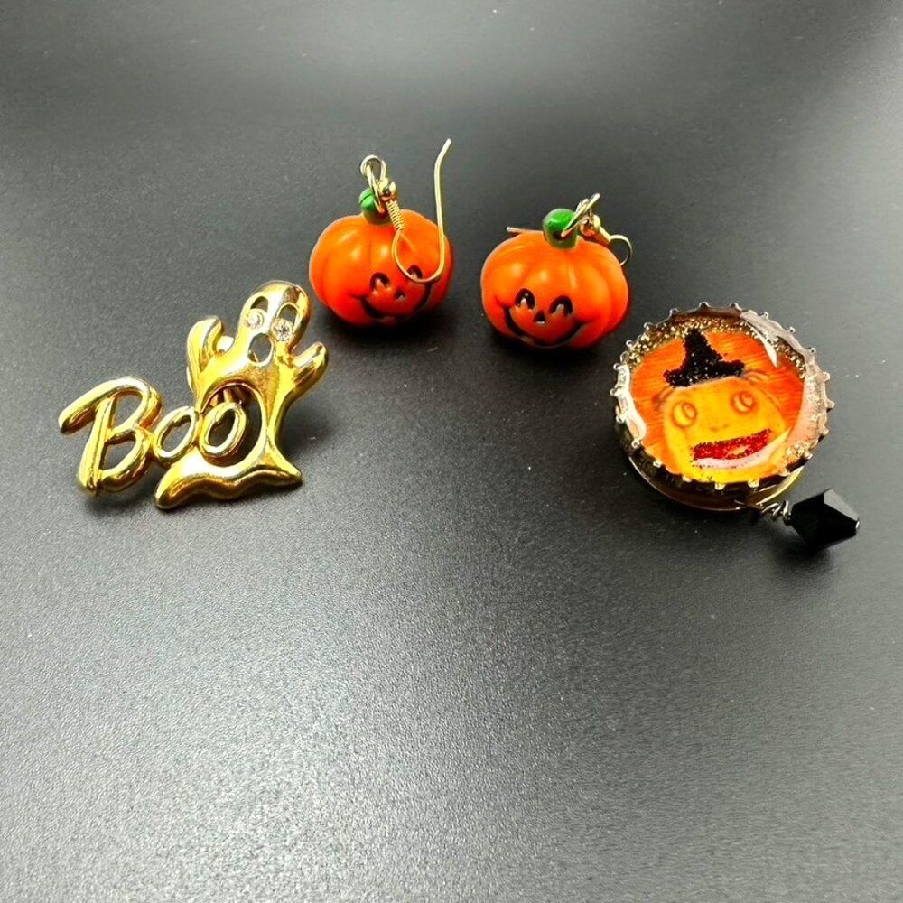 Fun Festive Halloween Pumpkin Boo Ghost Earrings & Pin set bundle lot